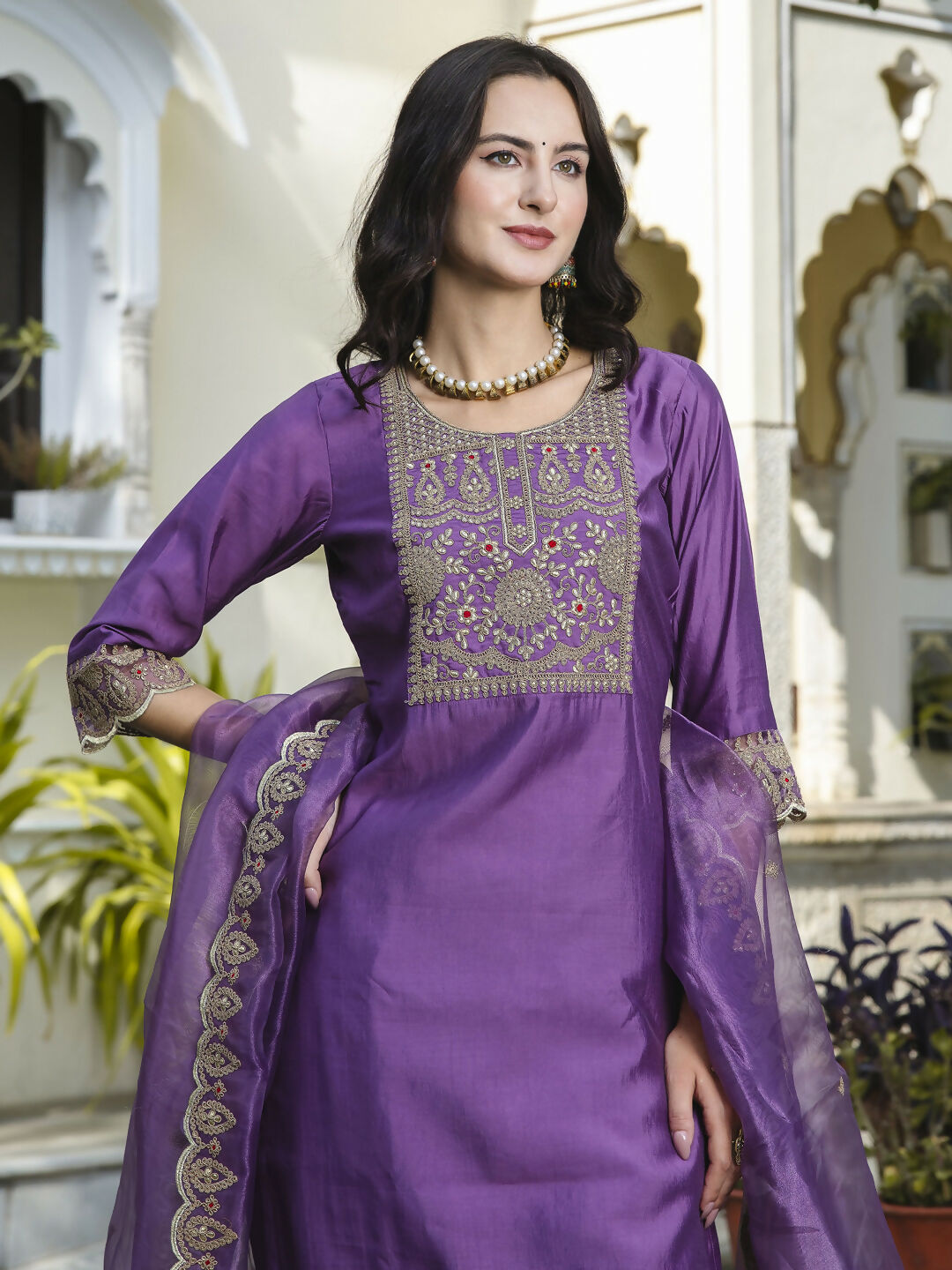 Vellora Royal Purple Silk Blend Embroidered Casual Suit for Women