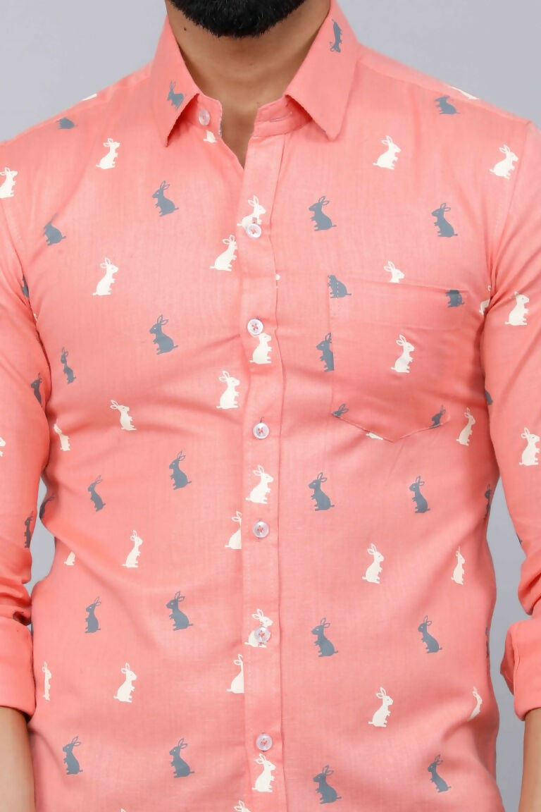 Miravan Men's Peach Spread Collar Animal Print Partywear Shirt