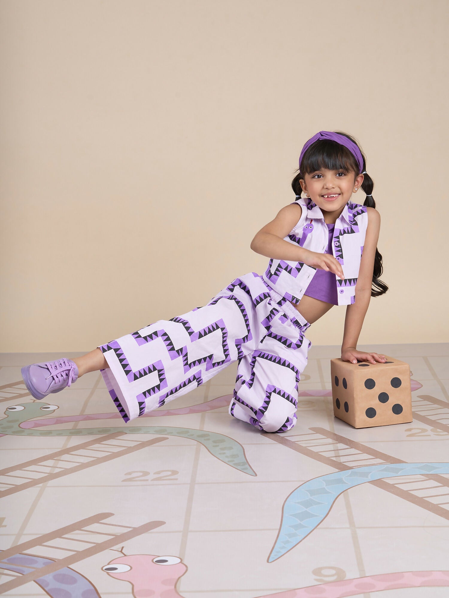 Snakes and Ladders Girls Purple Table Print Top and Pant Set from Siblings Collection
