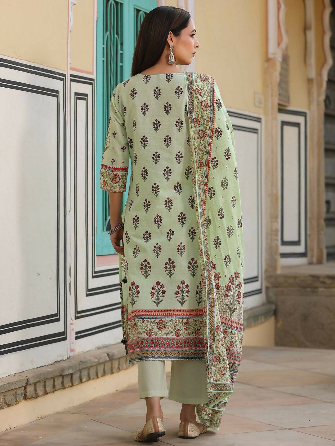 Juniper Women's Lime Green Cambric Floral Placement Printed Straight Fit Kurta Sets - Distacart
