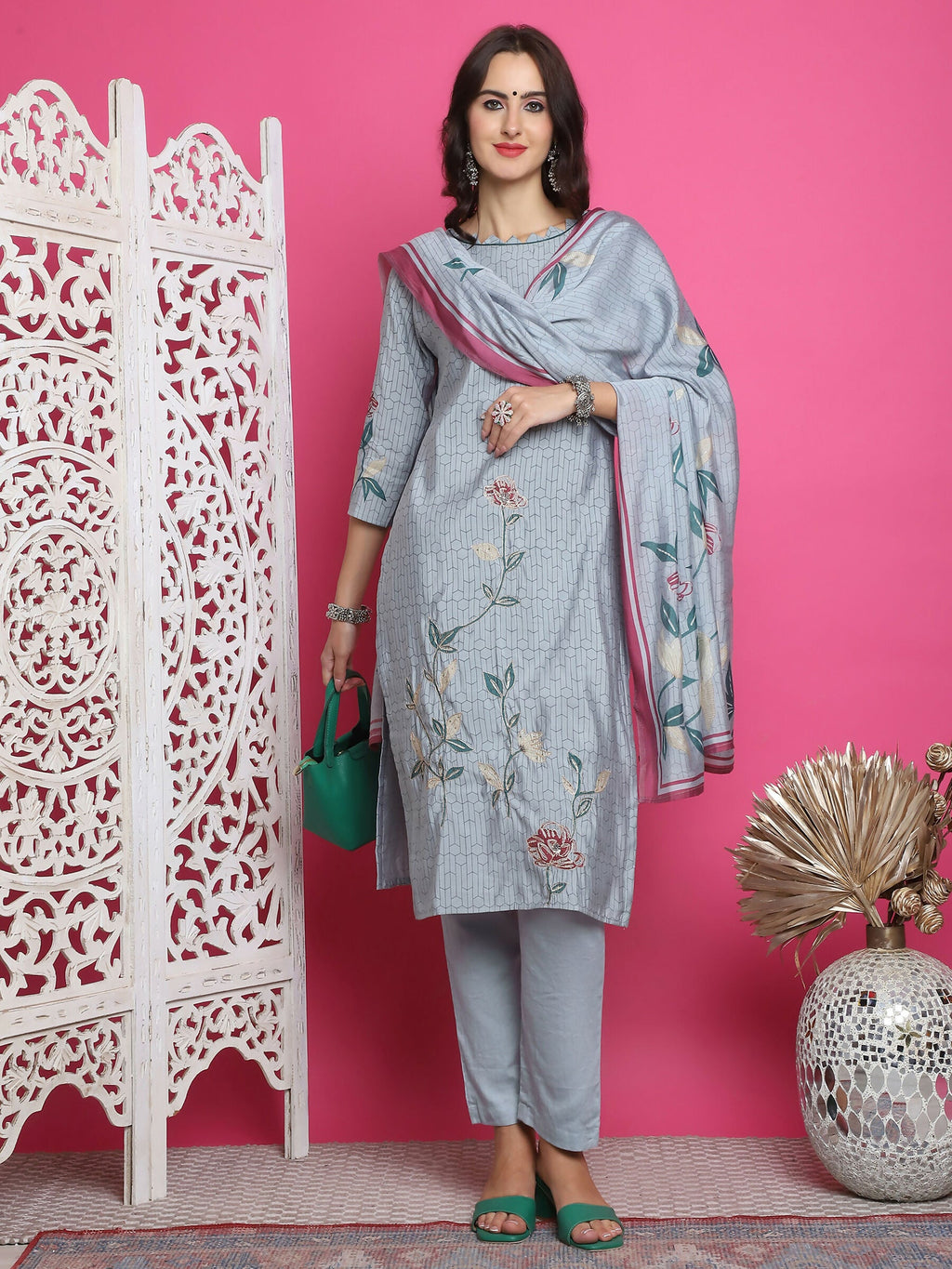 Jyoti Fashion Women's Grey Muslin Floral Print with Jari & Crystal work Kurta with Trouser & Dupatta