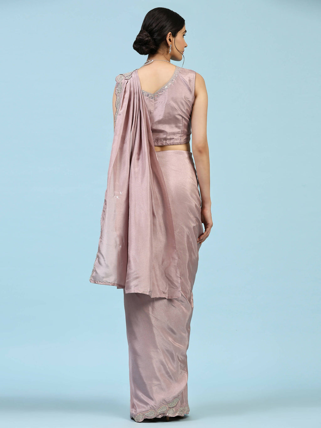 Lavendar Silk Satin Plain Ready to wear Saree with stitched Blouse - Vrinda