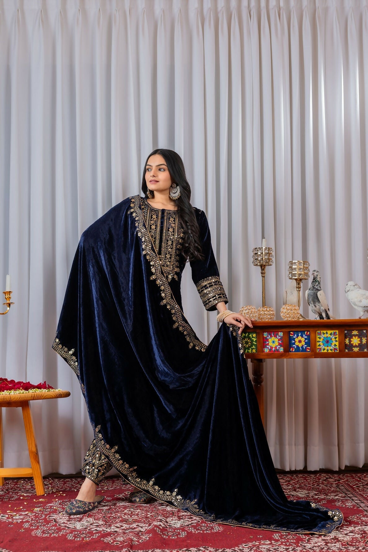 Joban Fashion Navy Blue Velvet Sequence Embroidery Work Kurta Set - Distacart