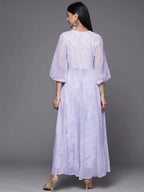 Ahalyaa Lavender & White Floral Printed High Slit Sequined Kurta with Palazzos - Distacart