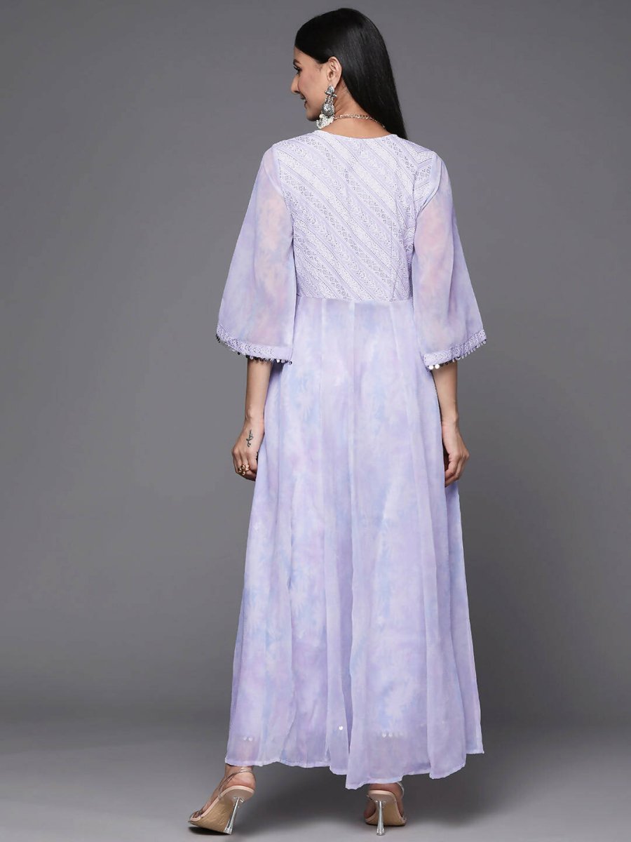 Ahalyaa Lavender & White Floral Printed High Slit Sequined Kurta with Palazzos - Distacart