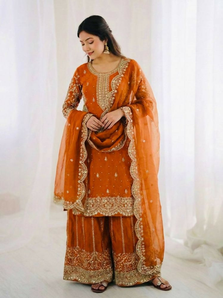 Teeya Creation Orange Color Fendy Silk Embroidery Work Wedding Wear Salwar Suit - Distacart