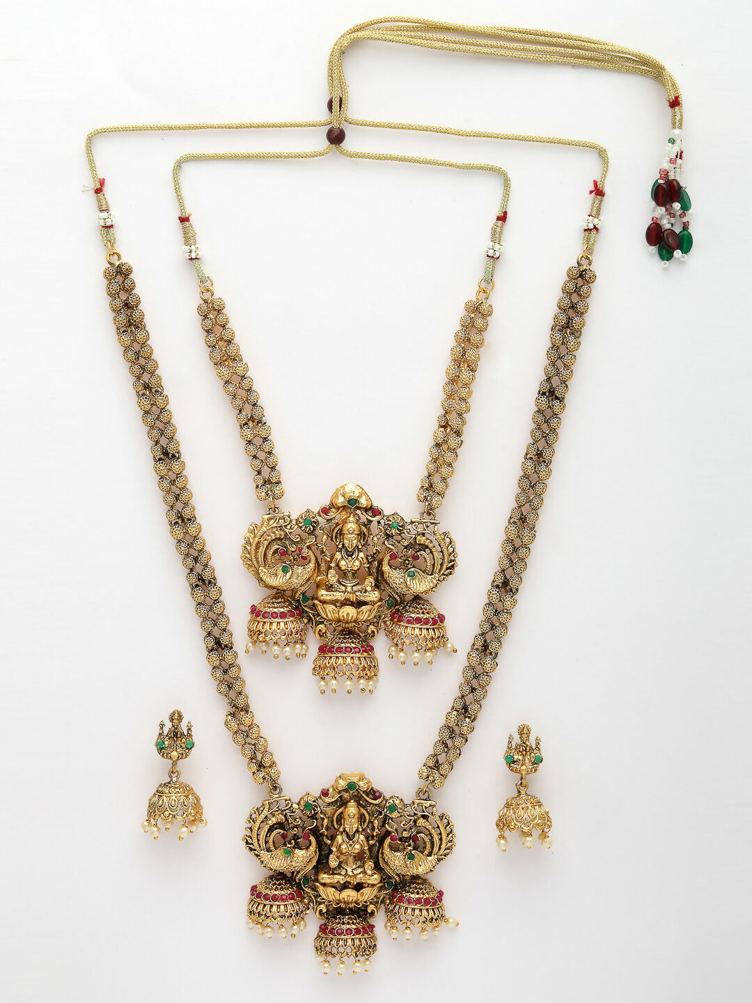 NVR Women's Set of 2 Gold-Polished Stone Studded Lakshmi Design Temple Jewellery Set