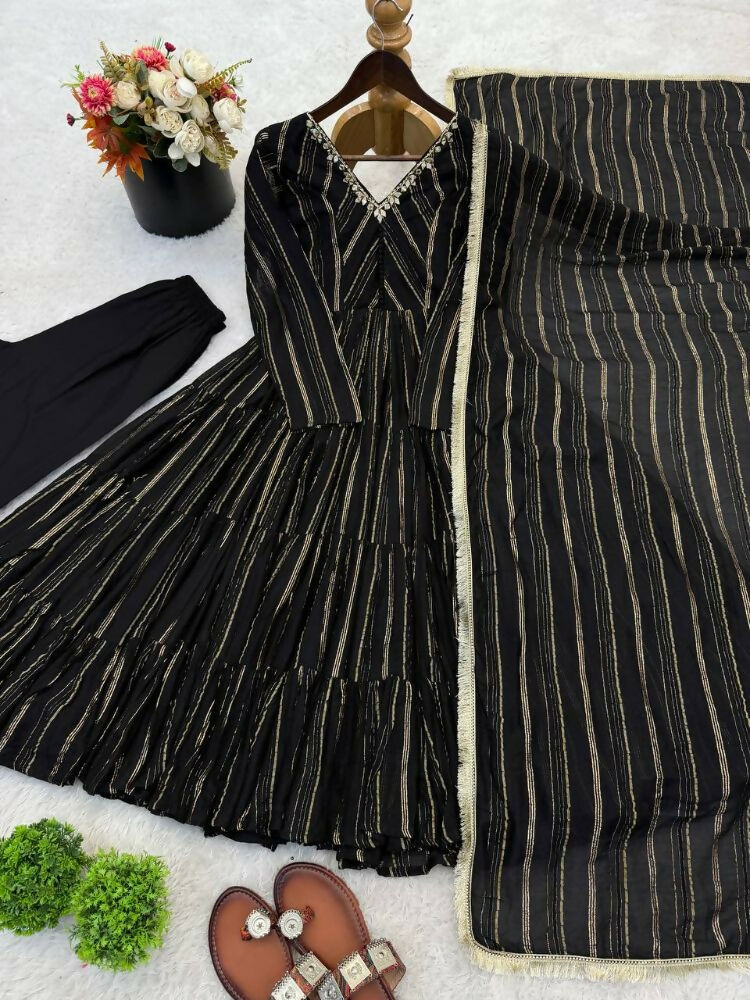 Teeya Creation Black Color Mal Chanderi Silk Hand Embroidery Work Long Gown - Distacart