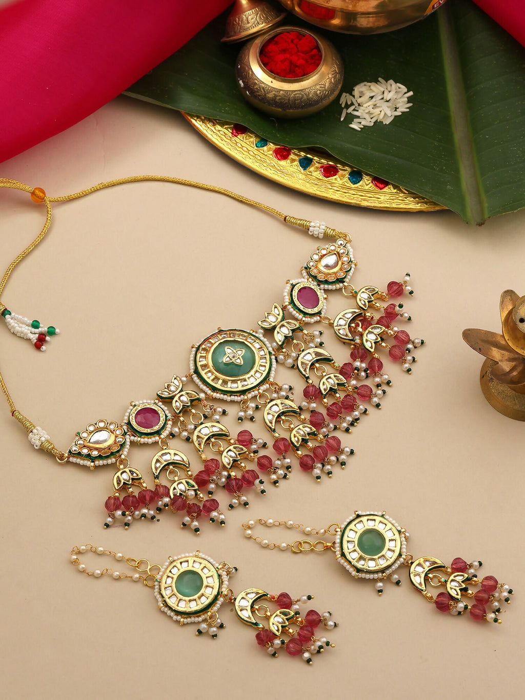 Ruby Raang Kundan Emerald Bloom Necklace With Matching Earrings