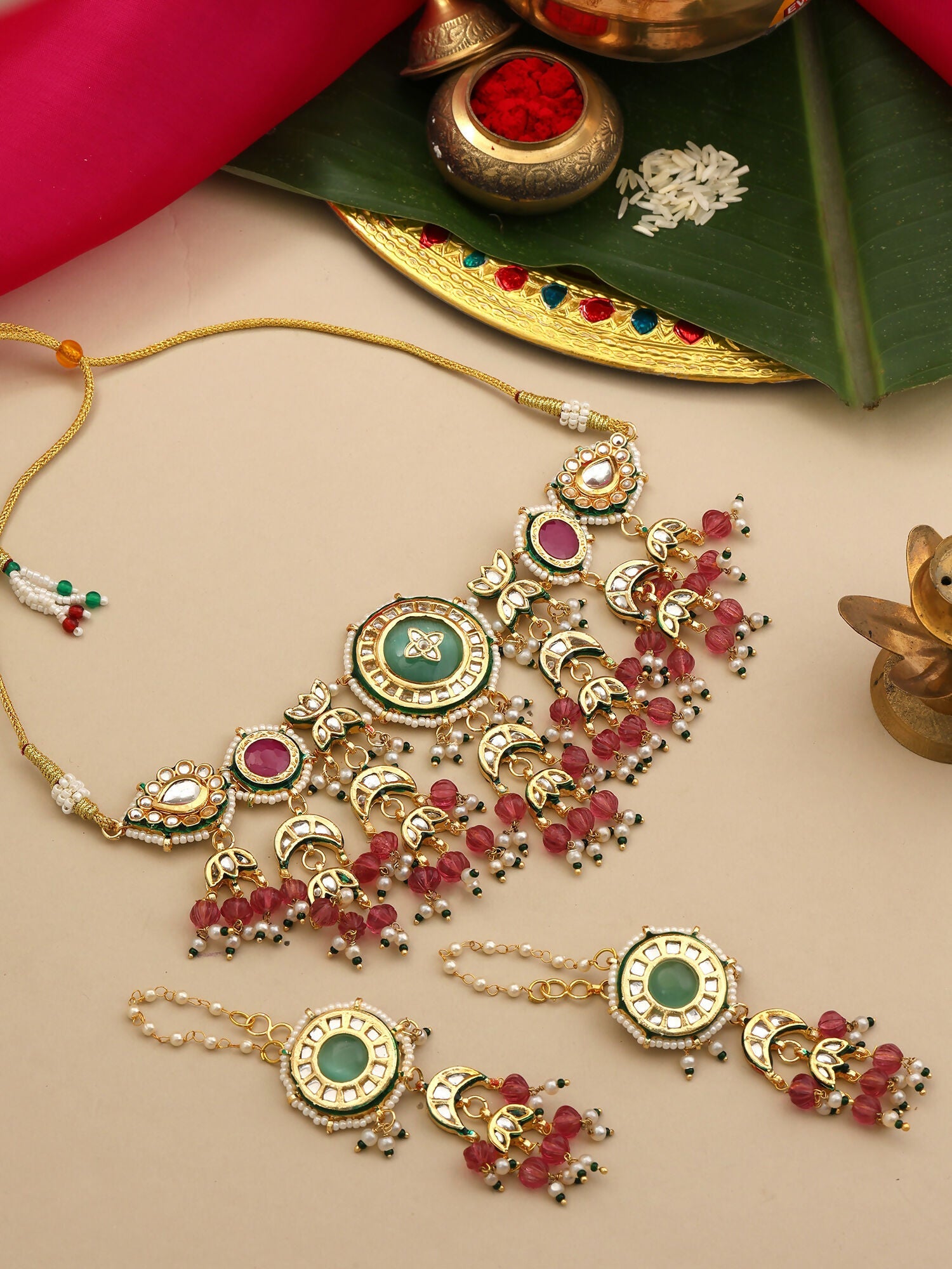 Ruby Raang Kundan Emerald Bloom Necklace With Matching Earrings