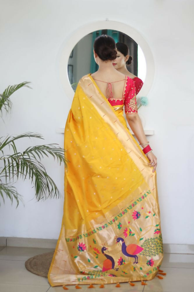 Yellow Woven Jacquard Designer Embroidery Work Party Wear Saree - Parampara