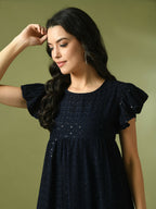 Myshka Women's Navy Blue Embroidered Cotton Round Neck A-Line Party Dress - Distacart