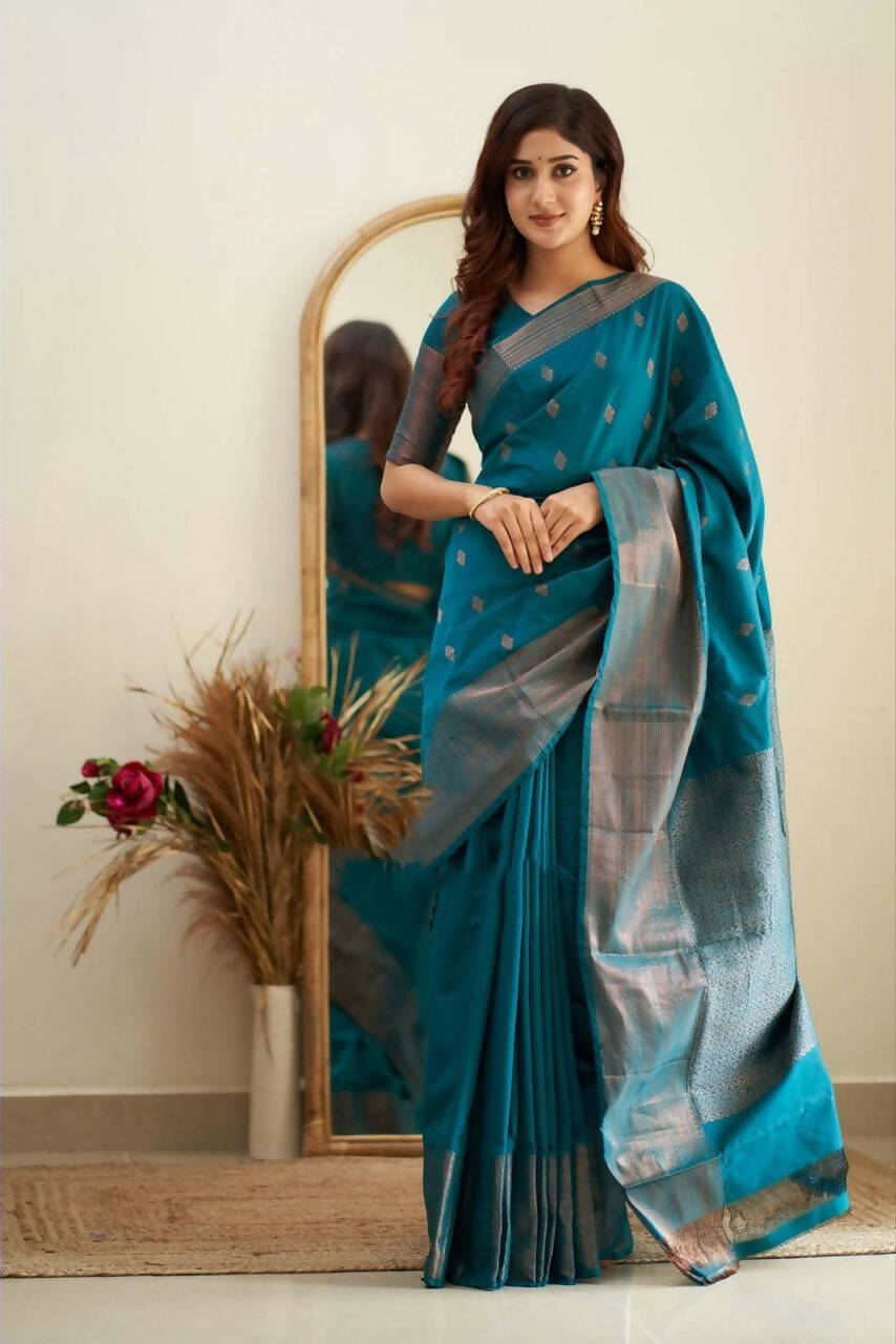 DEIANA'S Beautiful Designer Golden zari Soft Lichi Silk Saree - Firozi