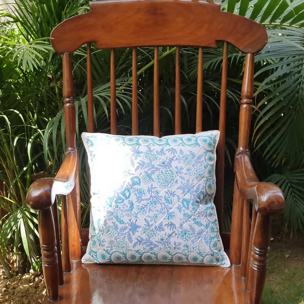 The Decor Nook Peony Floral Print Cushion Cover in Soothing Blue And Green Colour