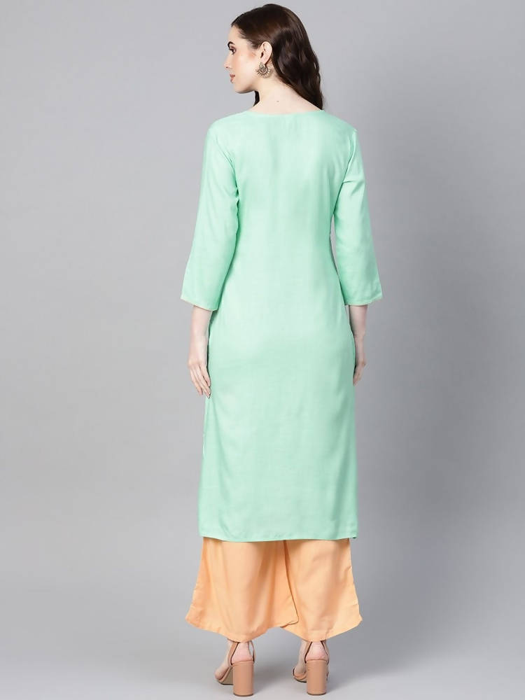 Yufta Women Sea Green & Peach Embroidered Kurta with Palazzo