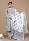 Miravan Women's Plus Size Blue Floral Printed Gota Patti Cotton Kurta With Palazzo