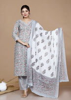 Miravan Women's Plus Size Blue Floral Printed Gota Patti Cotton Kurta With Palazzo