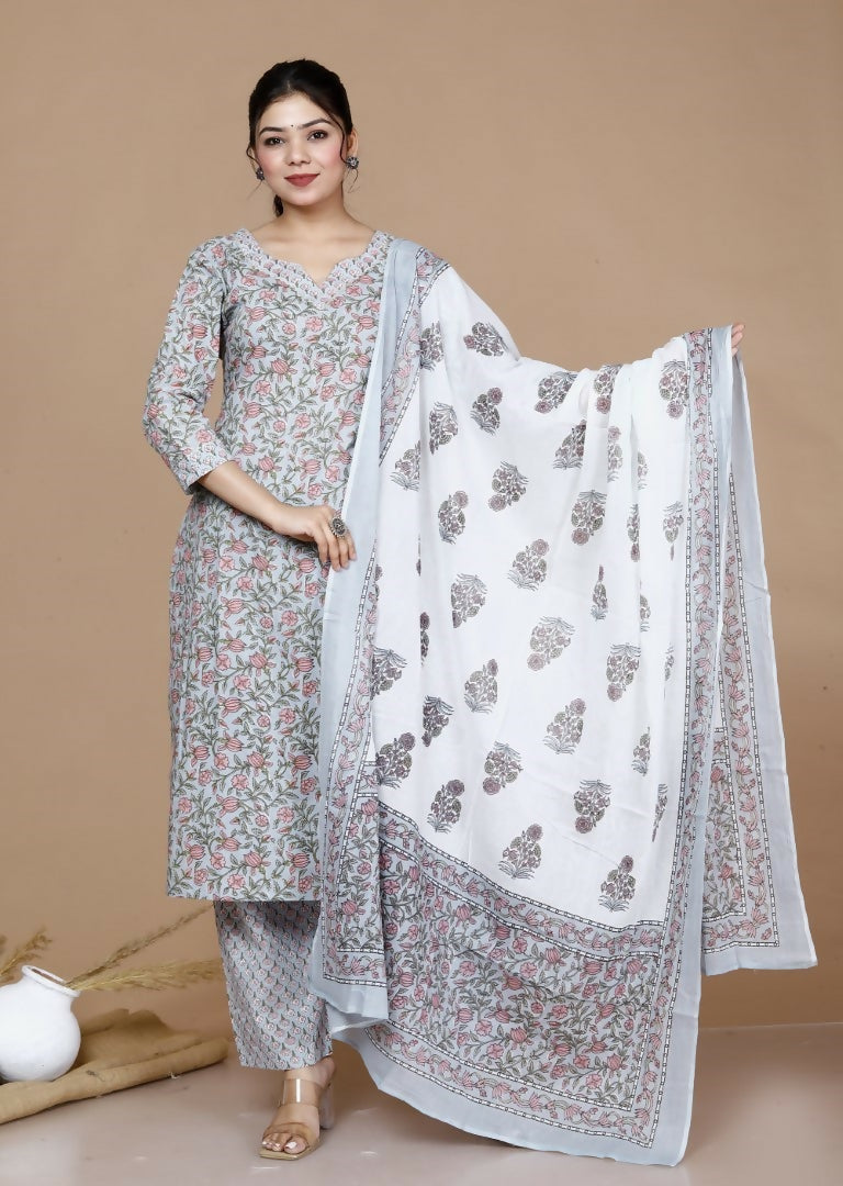 Miravan Women's Plus Size Blue Floral Printed Gota Patti Cotton Kurta With Palazzo