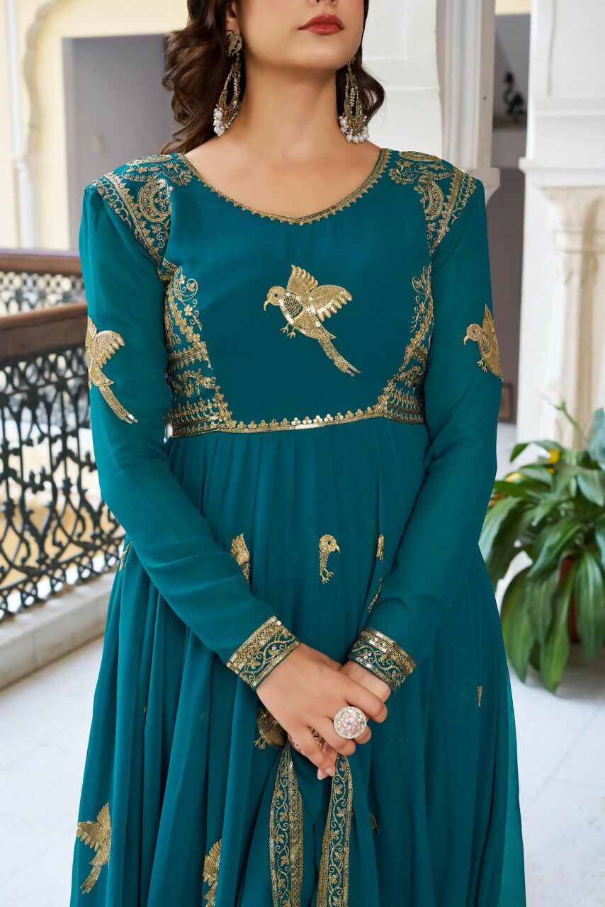 The52 Women's Gorgeous Faux Georgette Fabric Embroidery Work Flared Anarkali Pant and Dupatta Set - Distacart