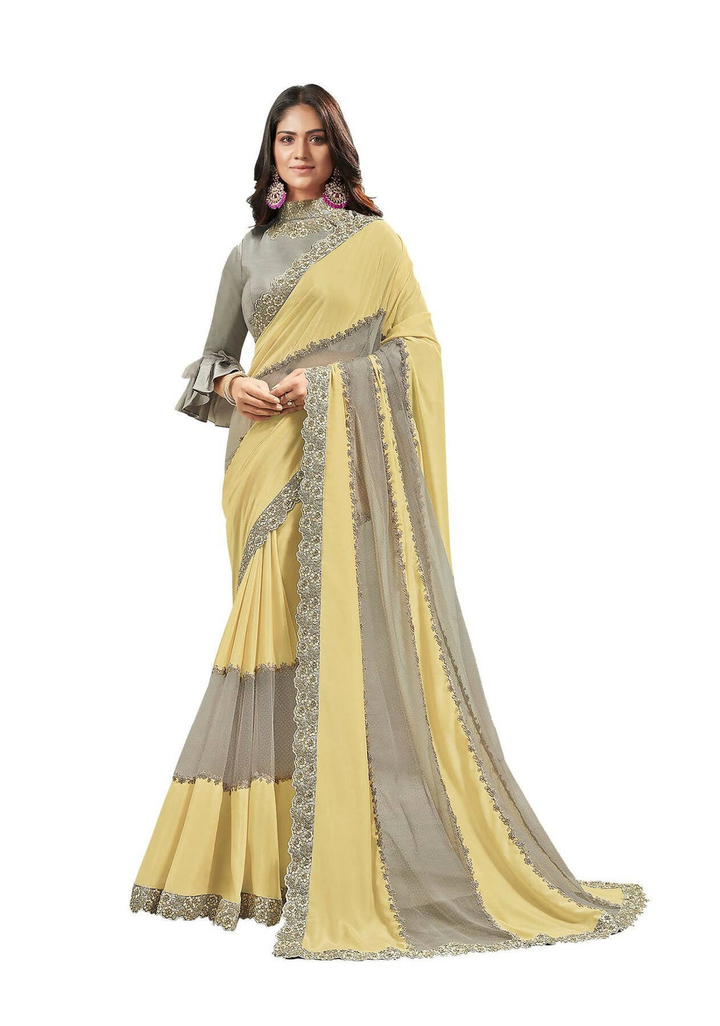 Yellow & Grey Silk Glitter Georgette Texture Saree With Unstitched Blouse Piece - Norita Ikshita