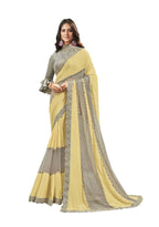 Yellow & Grey Silk Glitter Georgette Texture Saree With Unstitched Blouse Piece - Norita Ikshita