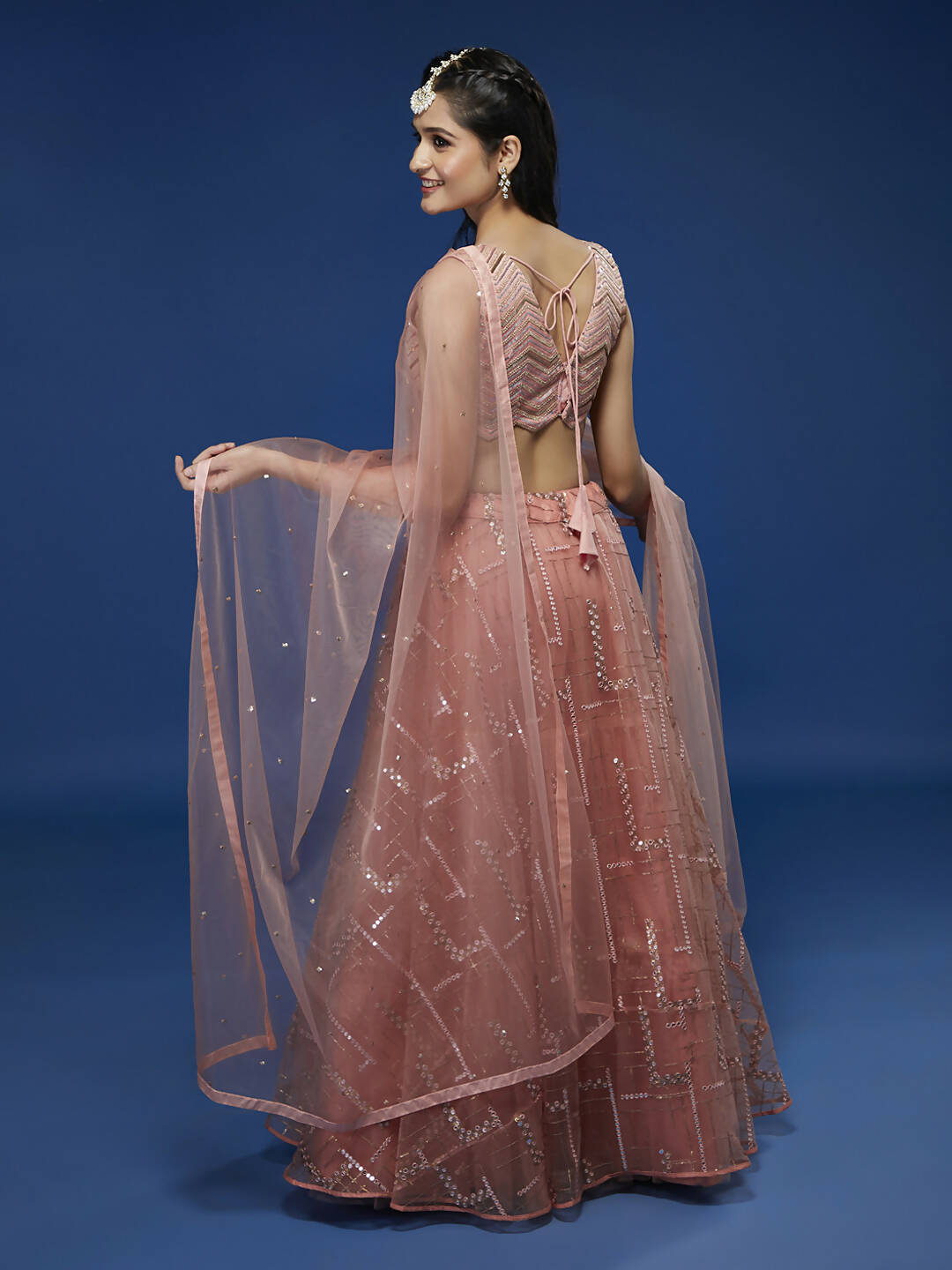 House of Panchhi Peach Net Sequinse Embroidered Lehenga & Blouse with Dupatta