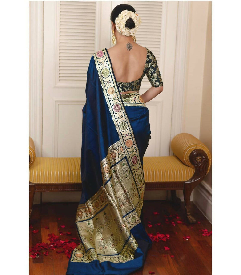 DEIANA'S Beautiful Designer Golden zari Soft Lichi Silk Saree - Blue