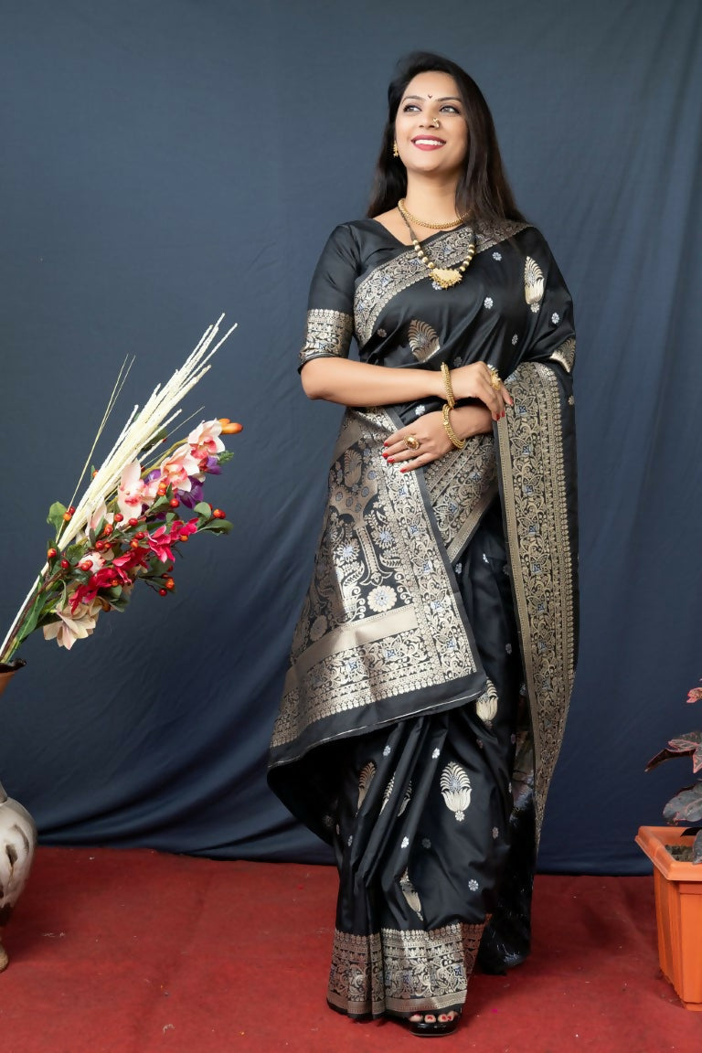 Jyoti Fashion Women's Black Paithani Silk Zari Woven Saree with Blouse - Distacart