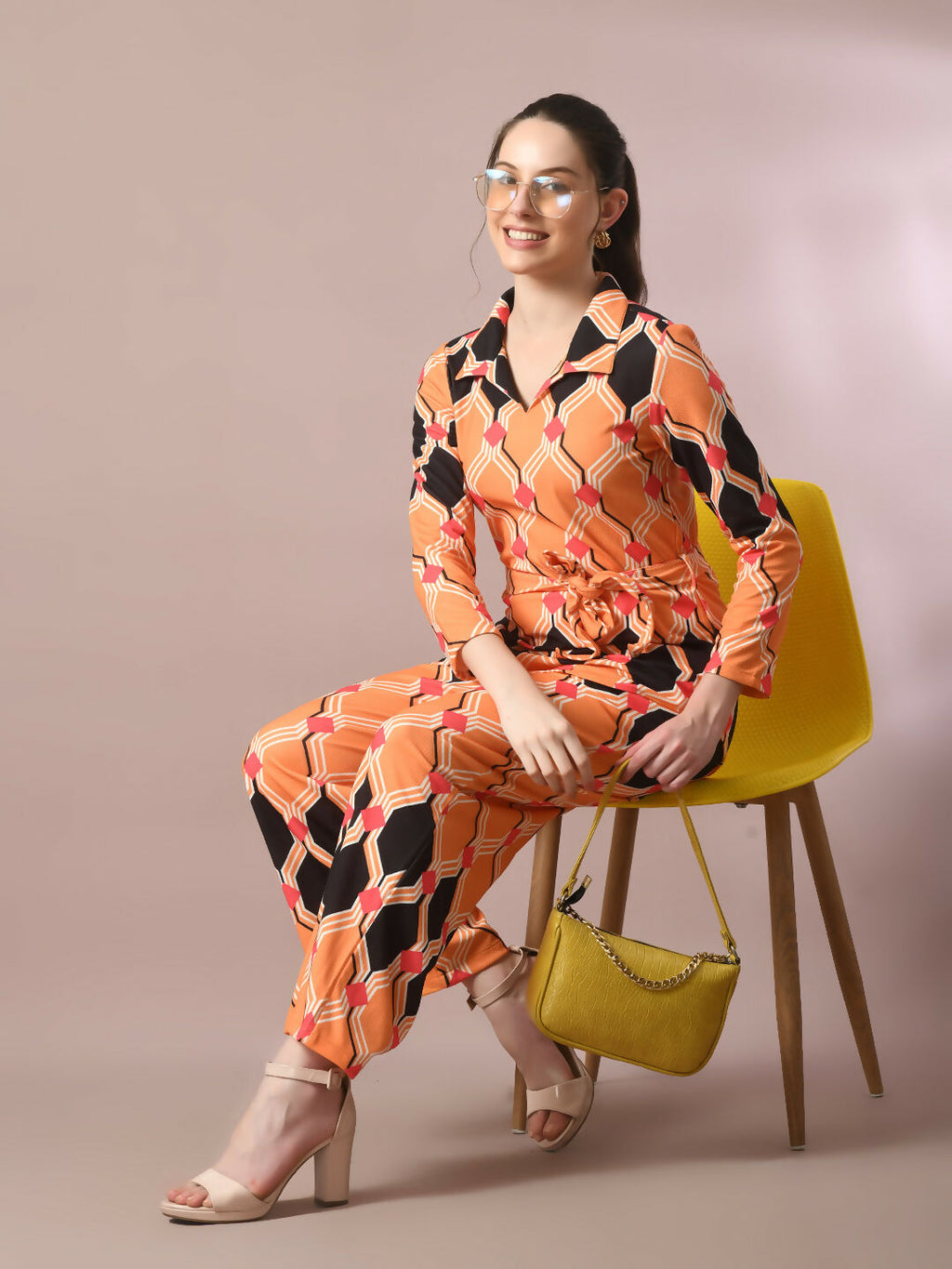 Myshka Women's Multi Printed Polo Collar Party Top With Trousers Co-ord set