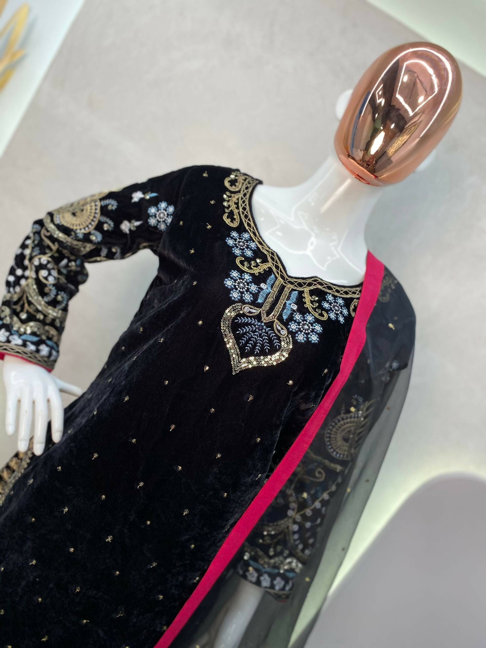 Vastranavya Black Viscose Velvet Cording Sequence Embroidery Work Suit With Dupatta - Distacart