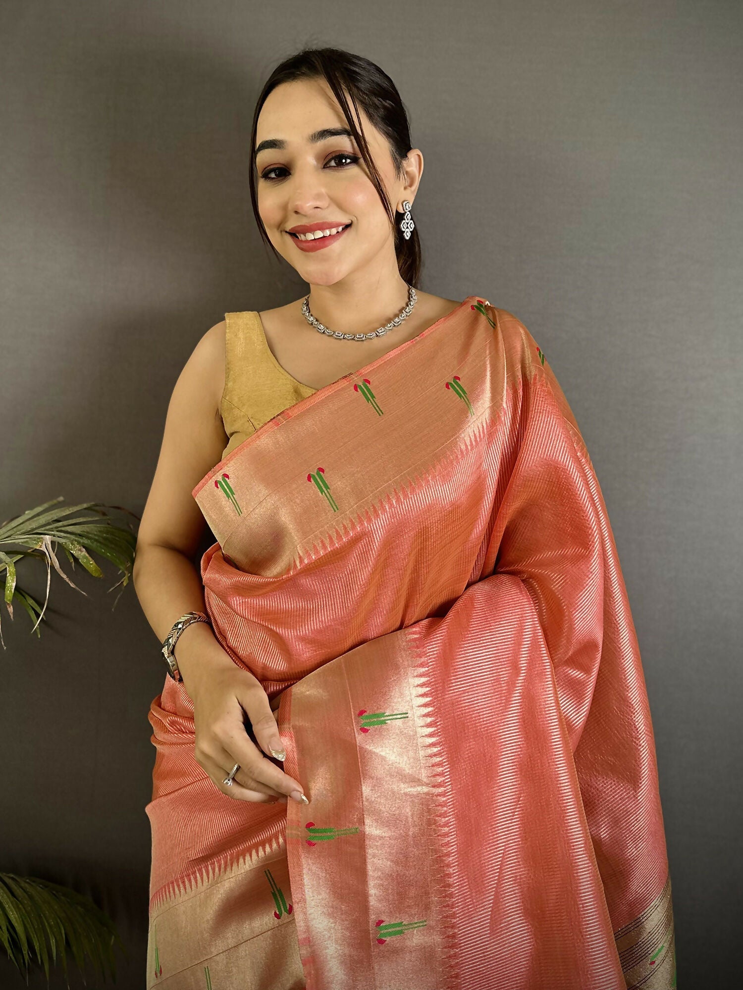 Joban Fashion Light Orange Peacock & Floral Motifs Tissue Paithani Saree