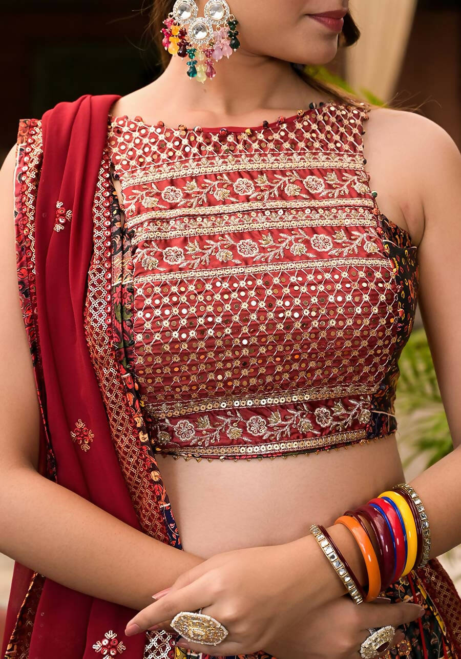 Women's Wedding Traditional Multi Dull Satin Lehenga Choli - Kaushlya