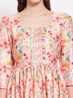 Myshka Women's Multi Printed Cotton Blend 3/4 Sleeve Squre Casual Dress