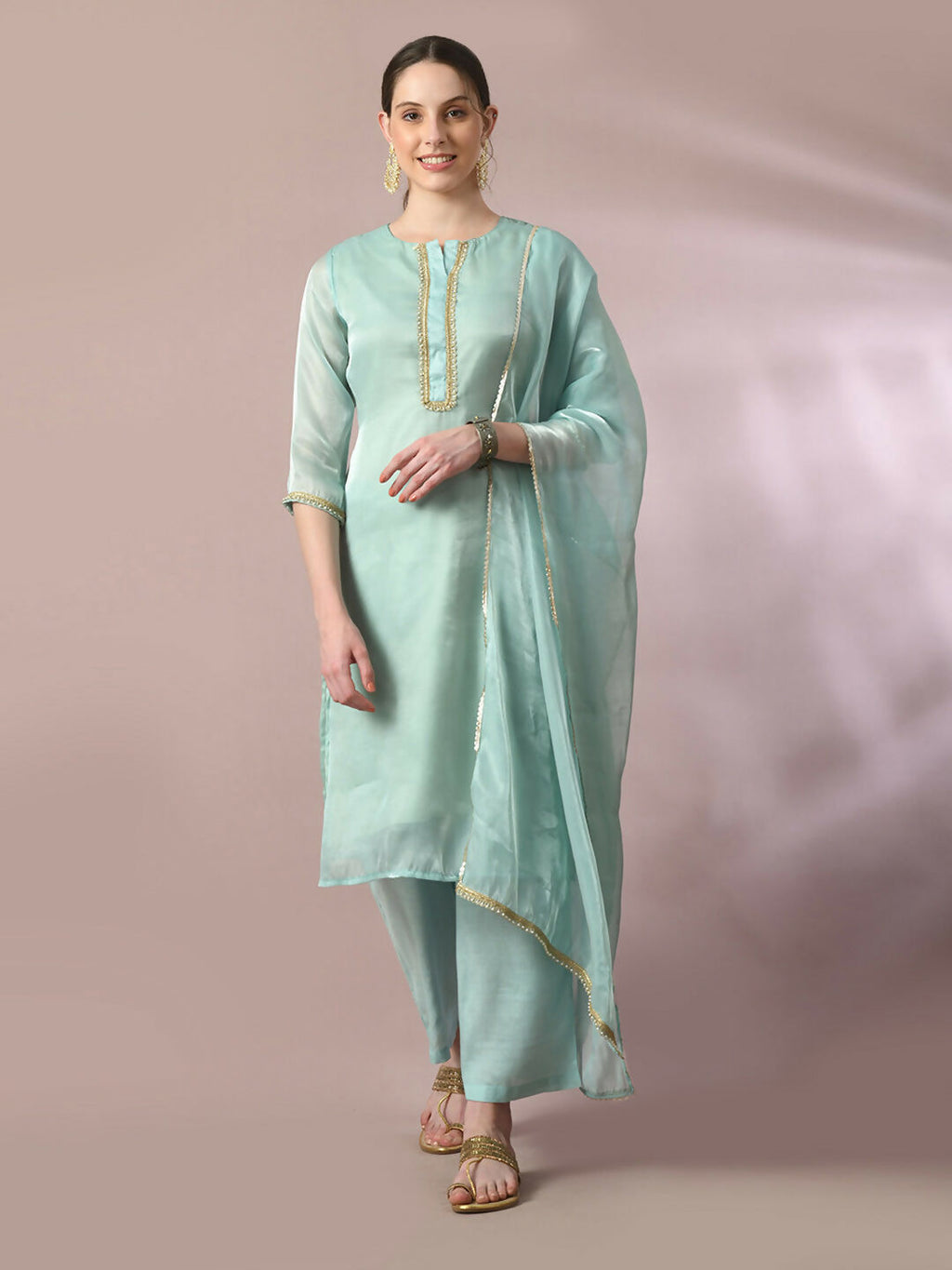 Myshka Women's Sea Green Solid Straight Party Kurta Set With Dupatta