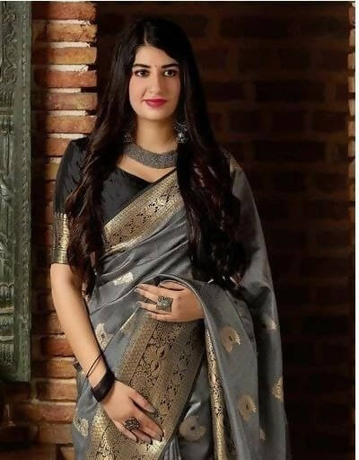 DEIANA'S Beautiful Designer Golden zari Soft Lichi Silk Saree - Grey