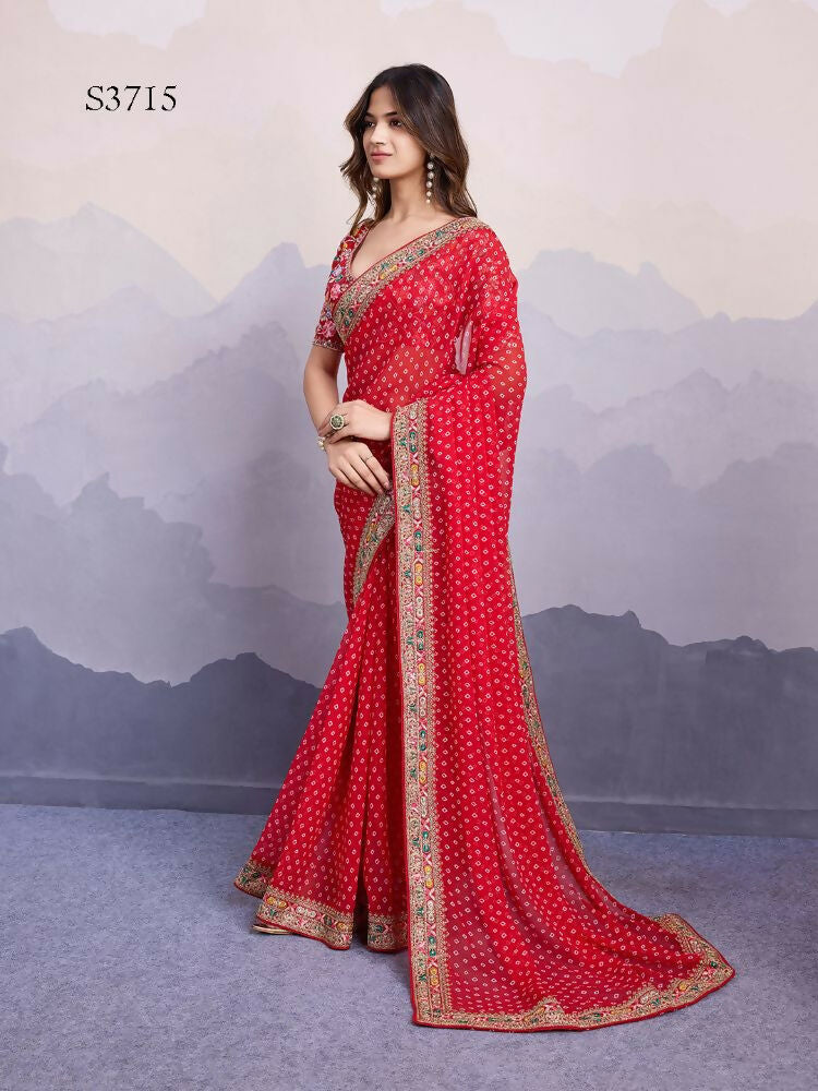 Red Georgette Bandhani Printed,Embroidery Work Saree - Surkhi
