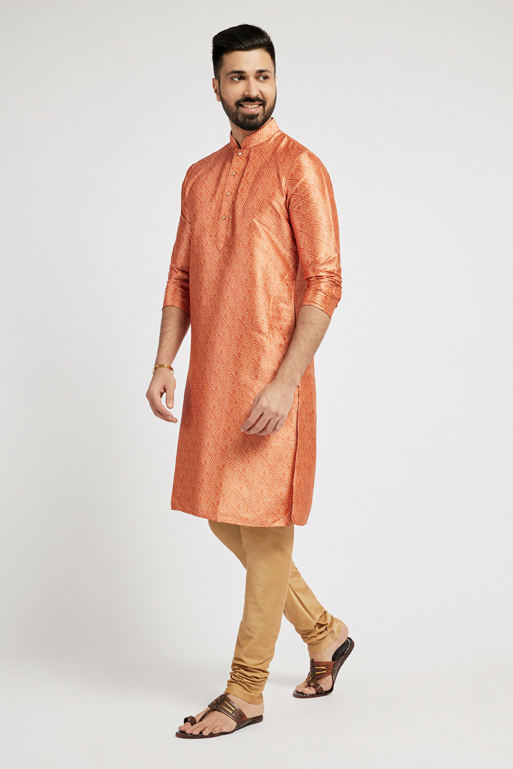 Ethnic India Orange Men's Kurta Bandhani Polyester