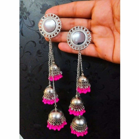 MS Fashion India Kashmiri Triple Hanging Pink Color Pearls Jhumkas