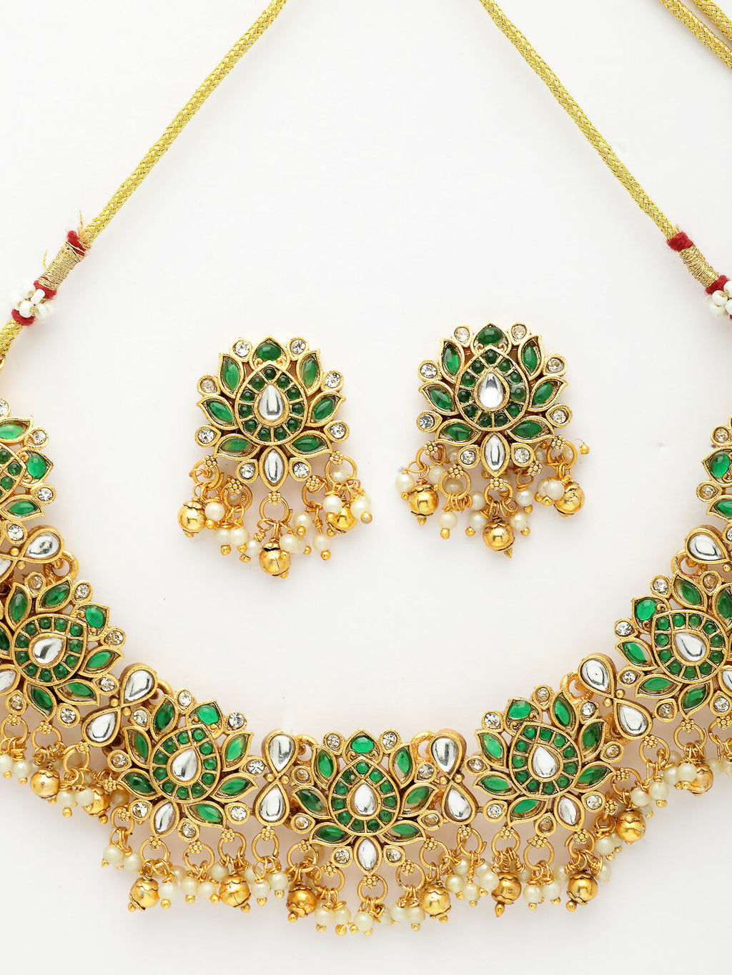 NVR Women's Gold-Polished Green Kundan- Studded & Beaded Handcrafted Temple Jewellery Set