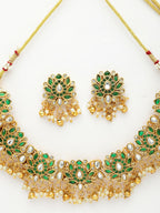 NVR Women's Gold-Polished Green Kundan- Studded & Beaded Handcrafted Temple Jewellery Set