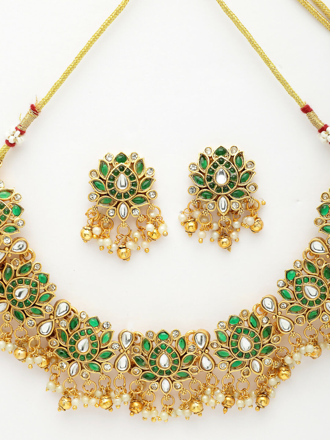 NVR Women's Gold-Polished Green Kundan- Studded & Beaded Handcrafted Temple Jewellery Set