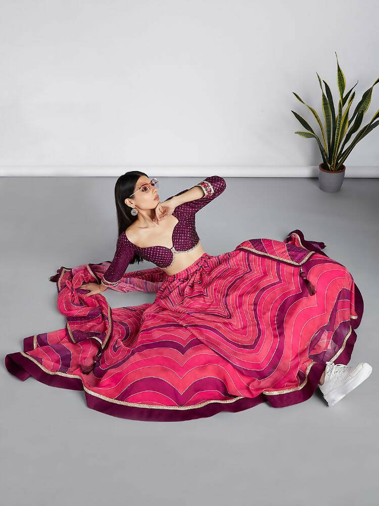 House of Panchhi Rose Organza Siroski Stone Work Leheriya Print Lehenga Choli & Dupatta