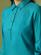 Myshka Women's Turquoise Blue Solid Cotton Longline Party Sheer Tunic