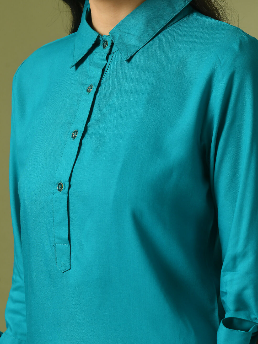 Myshka Women's Turquoise Blue Solid Cotton Longline Party Sheer Tunic
