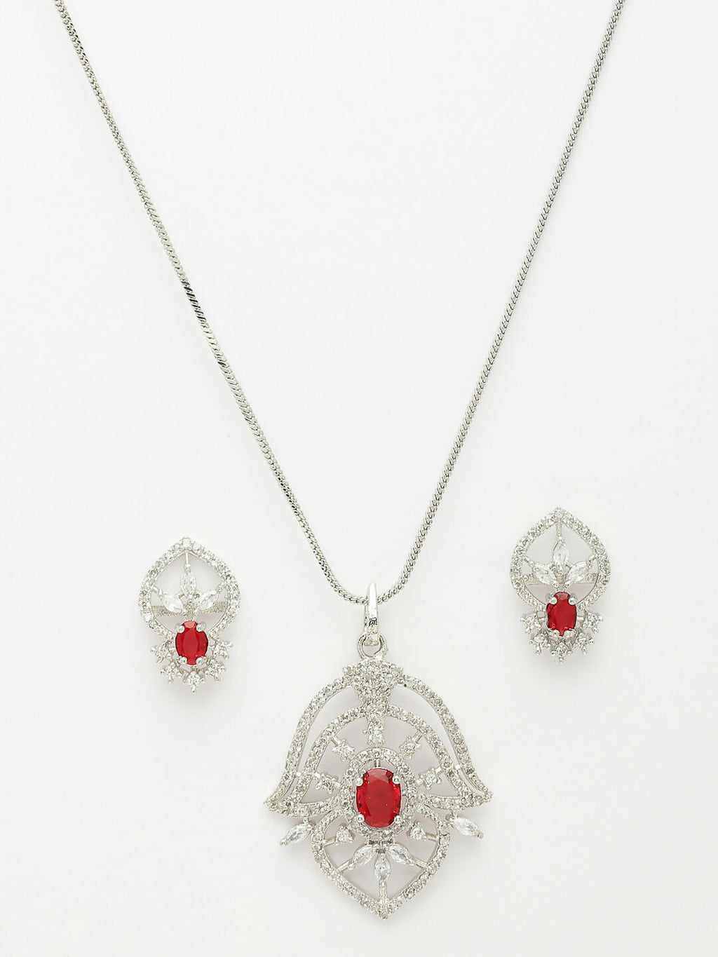 NVR Women Silver-Plated American Diamond-Studded Pendant Set