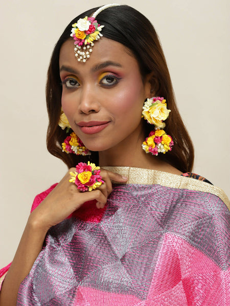 Yellow Pink Beaded Flower Jewellery Set - Ruby Raang