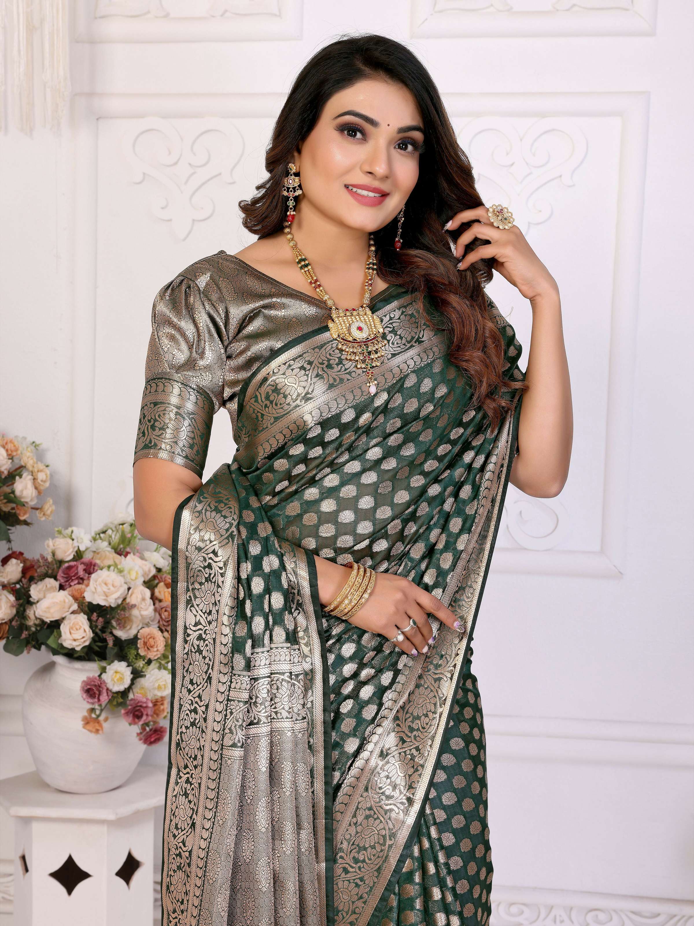 Aastha Fashion Dark Green Organza Silk Weaving Saree - Distacart