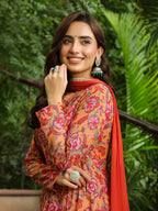 Janasya Mustard Georgette Floral Kurta,Bottom & Dupatta