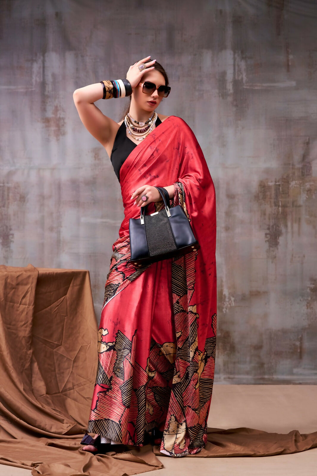 Vastranavya Red Satin Silk Printed Saree with a Natural Silk Unstitched Blouse - Distacart