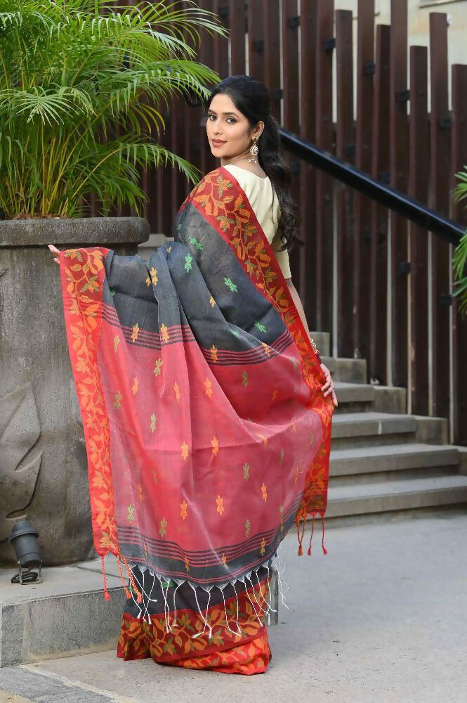 Beatitude Grey Slub Cotton Floral Jamdani Saree